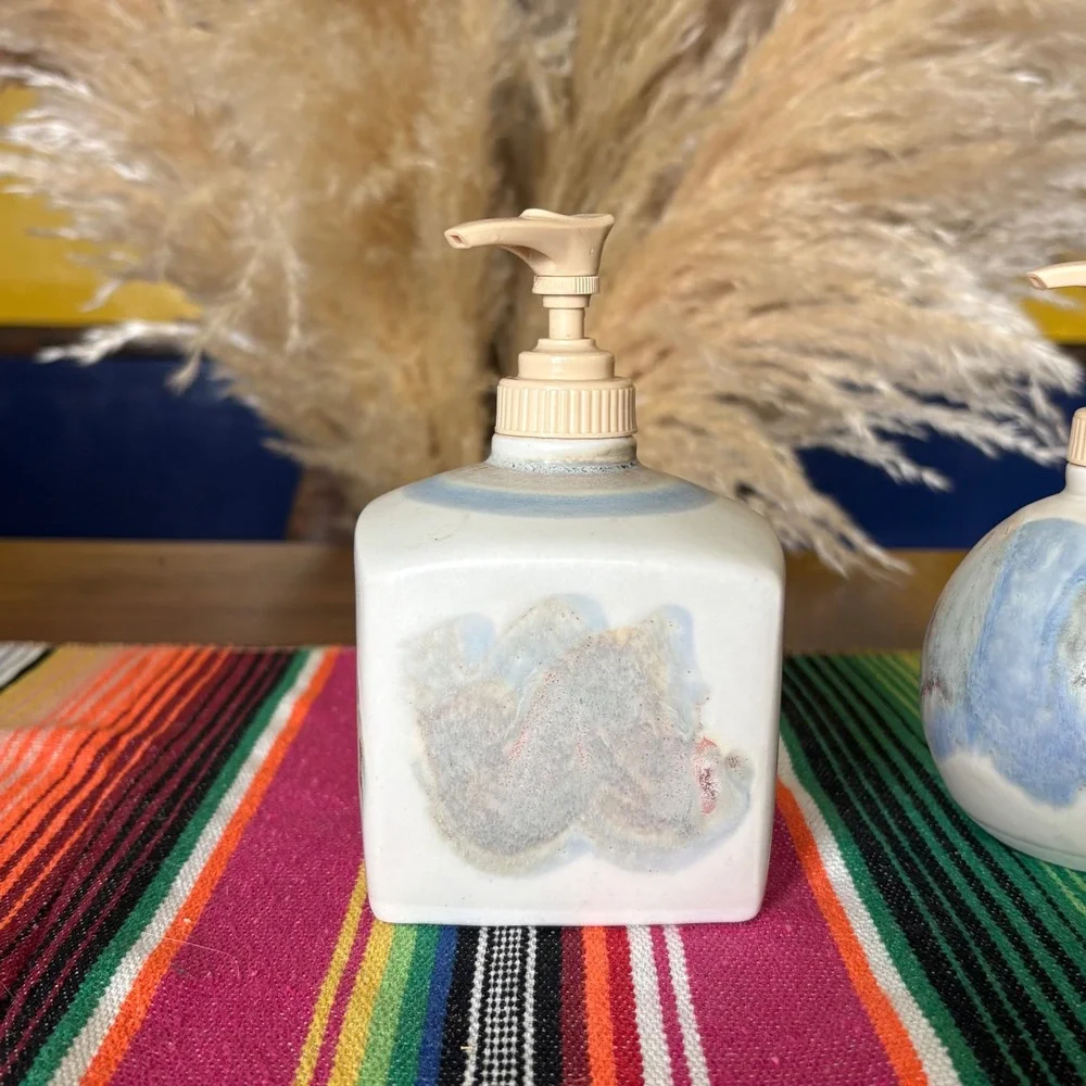 Handmade Studio Pottery Soap Dispenser Set Drip Glaze Stoneware Boho Decor 2pc